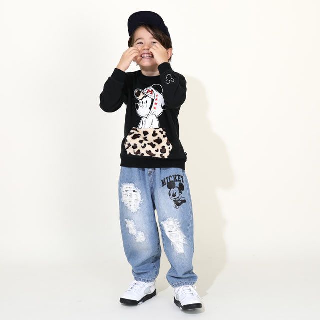 【ベビードール】ミッキー アニマル柄ダメージデニムロングパンツ 9984K / ベビーサイズ キッズ ボトム ジーパン ジーンズ リンクコーデ ペアルック ウエスト総ゴム ゴム穴付き フェイクボタン