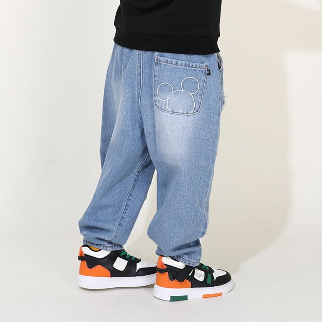 【ベビードール】ミッキー アニマル柄ダメージデニムロングパンツ 9984K / ベビーサイズ キッズ ボトム ジーパン ジーンズ リンクコーデ ペアルック ウエスト総ゴム ゴム穴付き フェイクボタン