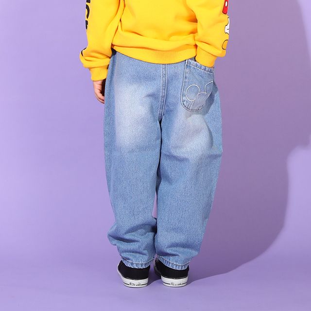 【ベビードール】ミッキー アニマル柄ダメージデニムロングパンツ 9984K / ベビーサイズ キッズ ボトム ジーパン ジーンズ リンクコーデ ペアルック ウエスト総ゴム ゴム穴付き フェイクボタン