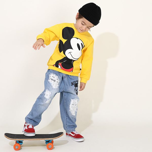 【ベビードール】ミッキー アニマル柄ダメージデニムロングパンツ 9984K / ベビーサイズ キッズ ボトム ジーパン ジーンズ リンクコーデ ペアルック ウエスト総ゴム ゴム穴付き フェイクボタン