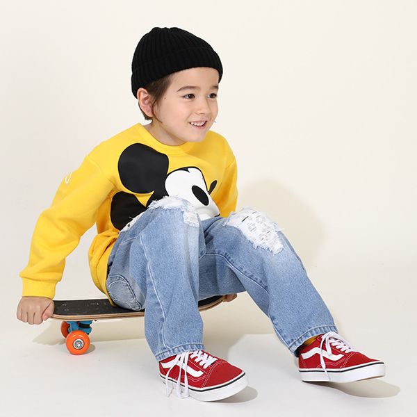 【ベビードール】ミッキー アニマル柄ダメージデニムロングパンツ 9984K / ベビーサイズ キッズ ボトム ジーパン ジーンズ リンクコーデ ペアルック ウエスト総ゴム ゴム穴付き フェイクボタン