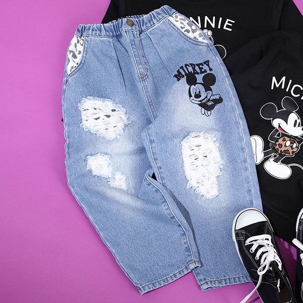 【ベビードール】ミッキー アニマル柄ダメージデニムロングパンツ 9984K / ベビーサイズ キッズ ボトム ジーパン ジーンズ リンクコーデ ペアルック ウエスト総ゴム ゴム穴付き フェイクボタン