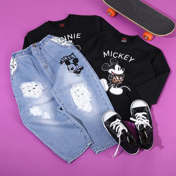 【ベビードール】ミッキー アニマル柄ダメージデニムロングパンツ 9984K / ベビーサイズ キッズ ボトム ジーパン ジーンズ リンクコーデ ペアルック ウエスト総ゴム ゴム穴付き フェイクボタン