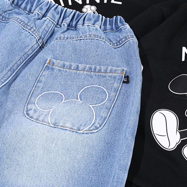 【ベビードール】ミッキー アニマル柄ダメージデニムロングパンツ 9984K / ベビーサイズ キッズ ボトム ジーパン ジーンズ リンクコーデ ペアルック ウエスト総ゴム ゴム穴付き フェイクボタン