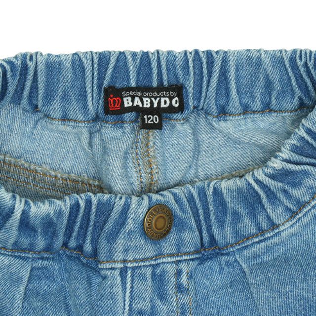 【ベビードール】ミッキー アニマル柄ダメージデニムロングパンツ 9984K / ベビーサイズ キッズ ボトム ジーパン ジーンズ リンクコーデ ペアルック ウエスト総ゴム ゴム穴付き フェイクボタン