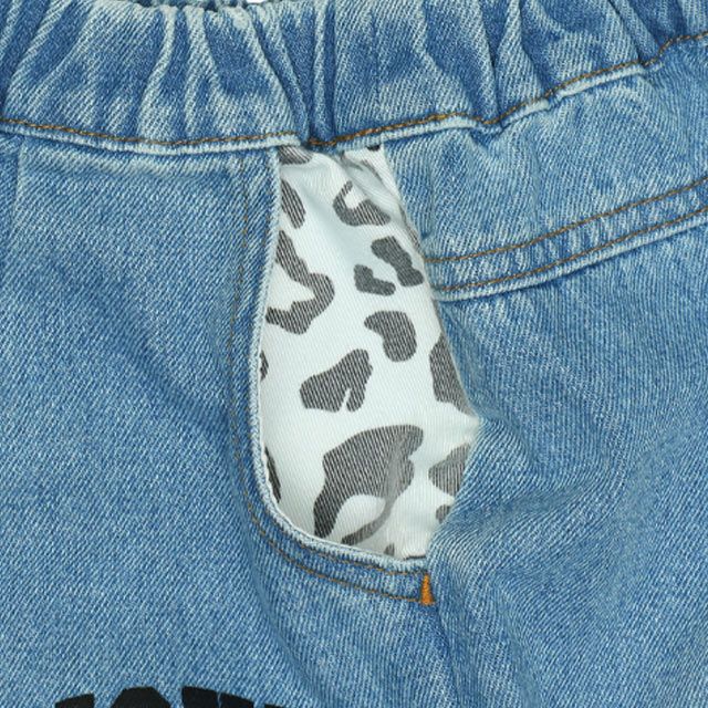 【ベビードール】ミッキー アニマル柄ダメージデニムロングパンツ 9984K / ベビーサイズ キッズ ボトム ジーパン ジーンズ リンクコーデ ペアルック ウエスト総ゴム ゴム穴付き フェイクボタン