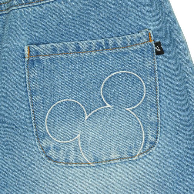 【ベビードール】ミッキー アニマル柄ダメージデニムロングパンツ 9984K / ベビーサイズ キッズ ボトム ジーパン ジーンズ リンクコーデ ペアルック ウエスト総ゴム ゴム穴付き フェイクボタン