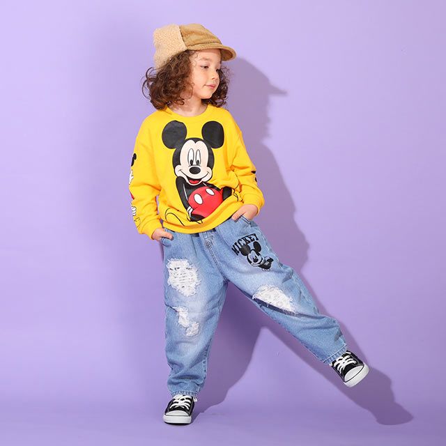 【ベビードール】ミッキー アニマル柄ダメージデニムロングパンツ 9984K / ベビーサイズ キッズ ボトム ジーパン ジーンズ リンクコーデ ペアルック ウエスト総ゴム ゴム穴付き フェイクボタン
