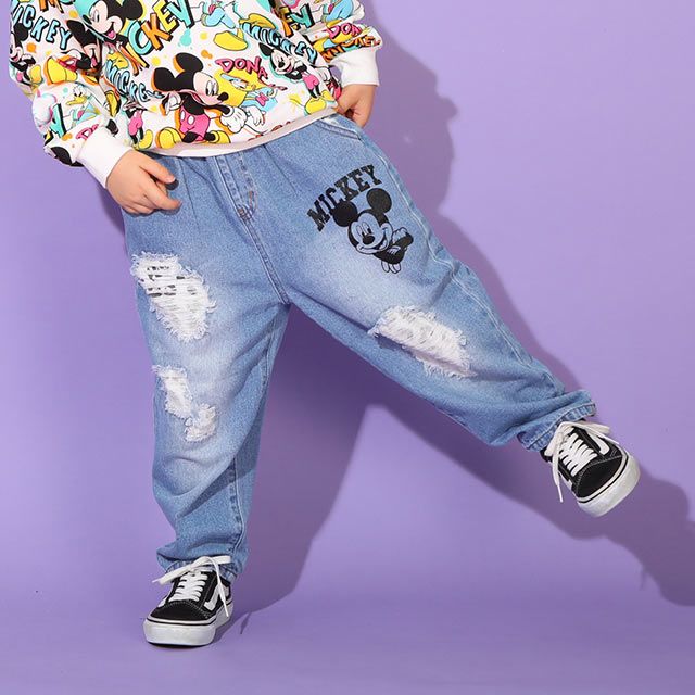 【ベビードール】ミッキー アニマル柄ダメージデニムロングパンツ 9984K / ベビーサイズ キッズ ボトム ジーパン ジーンズ リンクコーデ ペアルック ウエスト総ゴム ゴム穴付き フェイクボタン