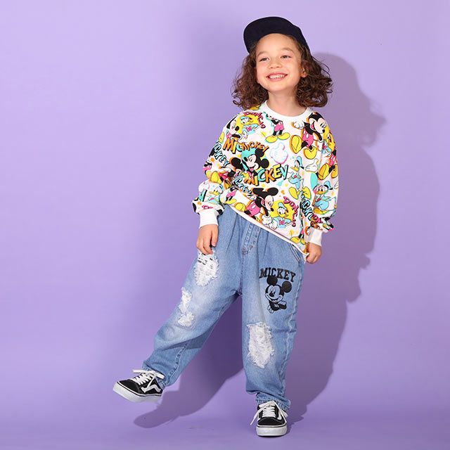 【ベビードール】ミッキー アニマル柄ダメージデニムロングパンツ 9984K / ベビーサイズ キッズ ボトム ジーパン ジーンズ リンクコーデ ペアルック ウエスト総ゴム ゴム穴付き フェイクボタン