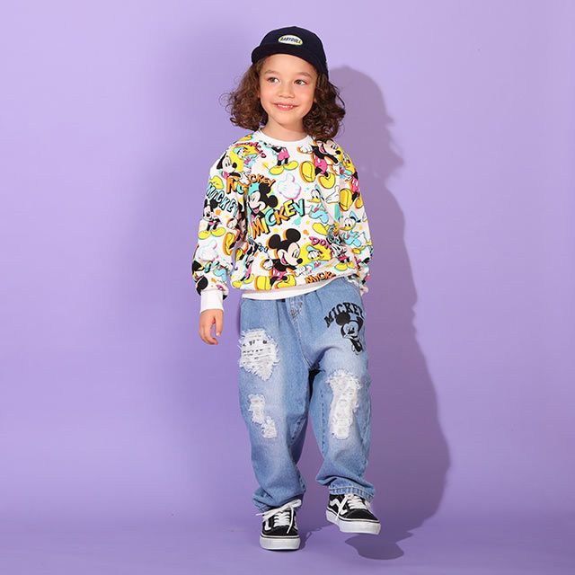 【ベビードール】ミッキー アニマル柄ダメージデニムロングパンツ 9984K / ベビーサイズ キッズ ボトム ジーパン ジーンズ リンクコーデ ペアルック ウエスト総ゴム ゴム穴付き フェイクボタン