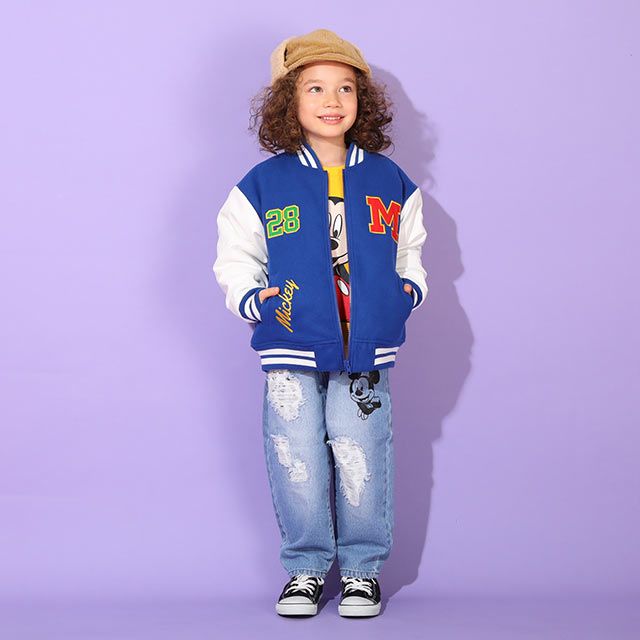 【ベビードール】ミッキー アニマル柄ダメージデニムロングパンツ 9984K / ベビーサイズ キッズ ボトム ジーパン ジーンズ リンクコーデ ペアルック ウエスト総ゴム ゴム穴付き フェイクボタン